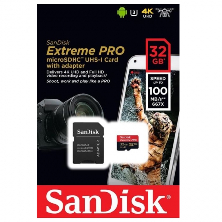 SanDisk Extreme PRO R100/W90 microSDHC 32GB Kit, UHS-I U3, A1, Class 10 (SDSQXCG-032G-GN6MA)